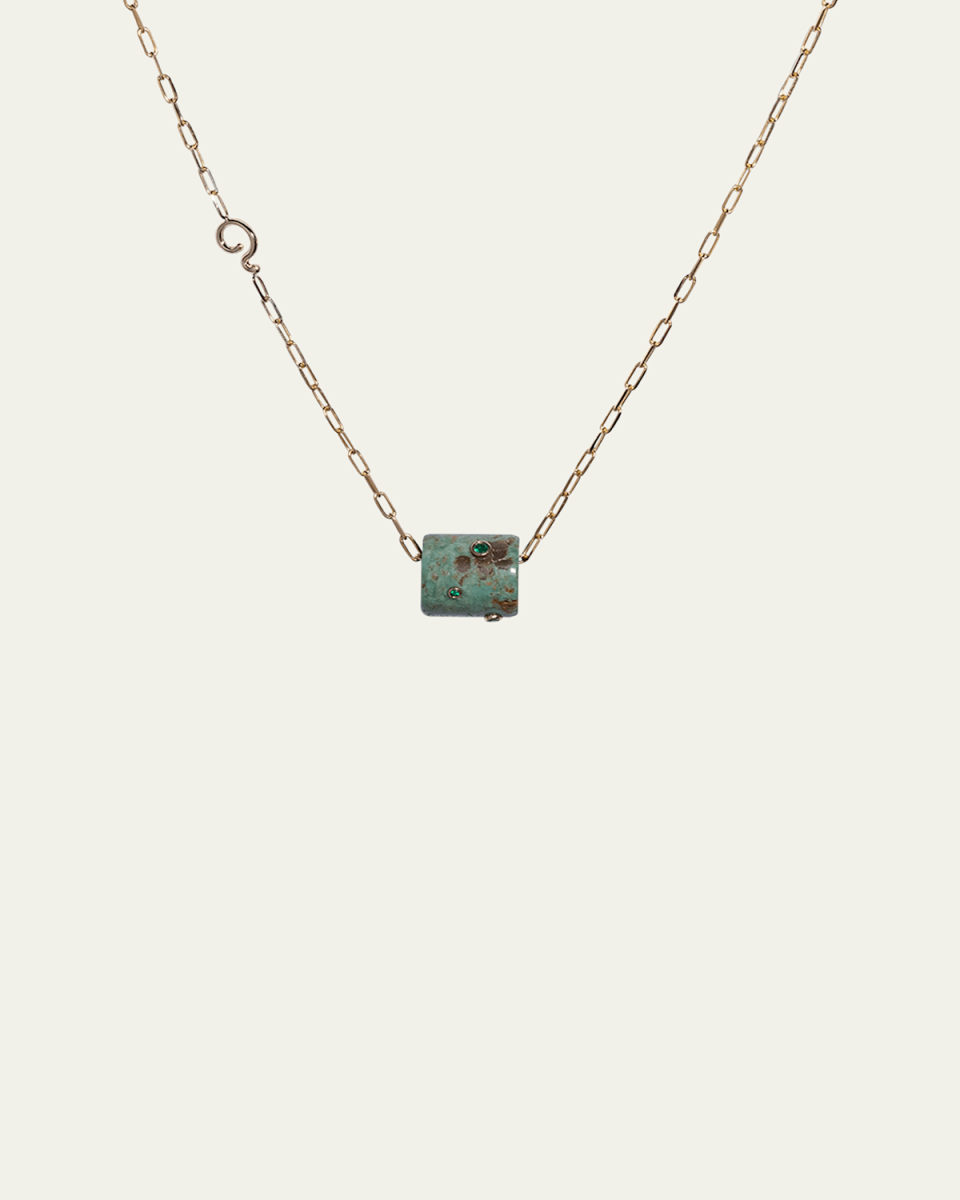 14K Yellow Gold Emerald Green Turquoise Snow Globe Necklace